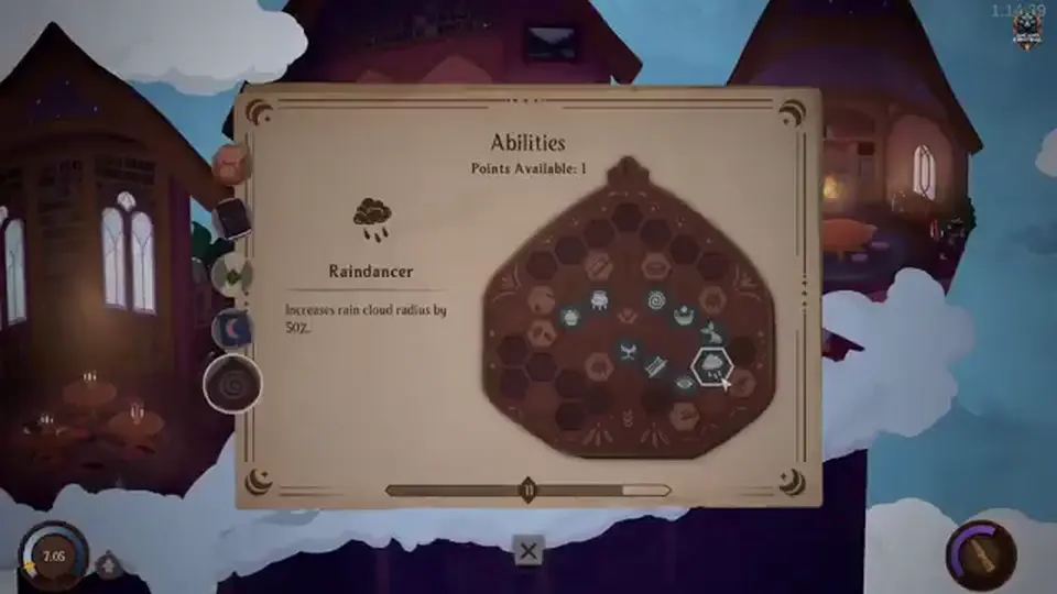 Songs of Glimmerwick skill trinket with a rain-radius perk highlighted